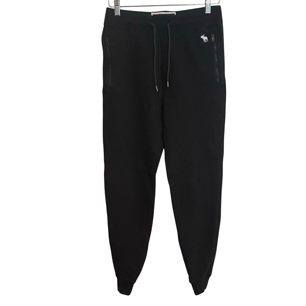 Abercrombie & Fitch Mens XS Soft A&F Fleece Joggers Black Zip Pocket Moose Logo